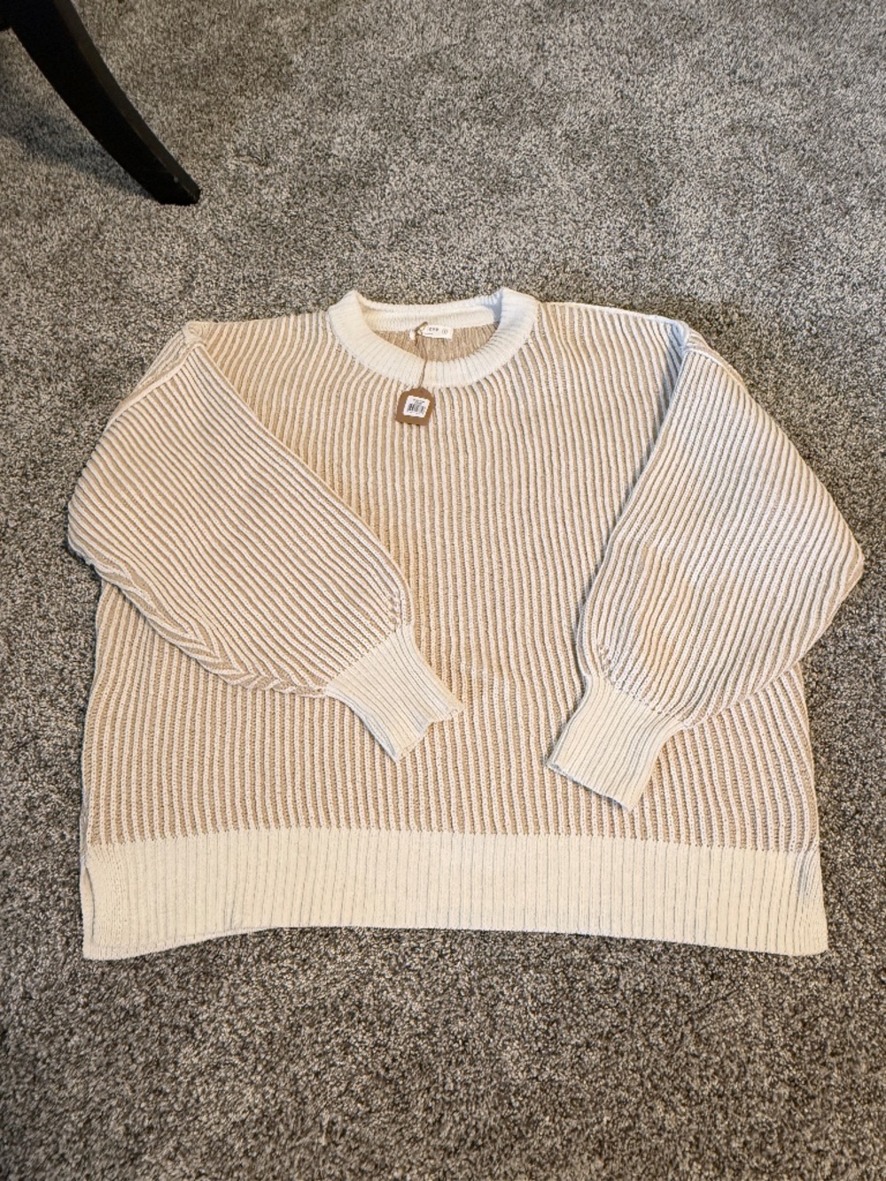 New Miss Love Beige Striped Contrast Trim Loose Relaxed fit Sweater size small
